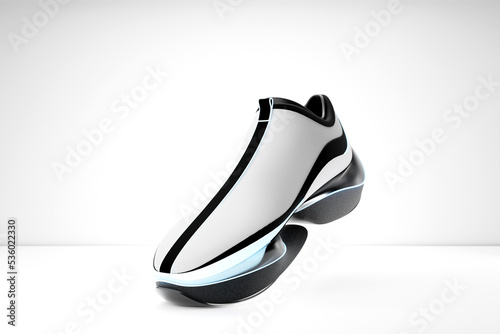 3D illustration of a concept shoe for the metaverse. Colorful  sports boot sneaker on a high platform.
