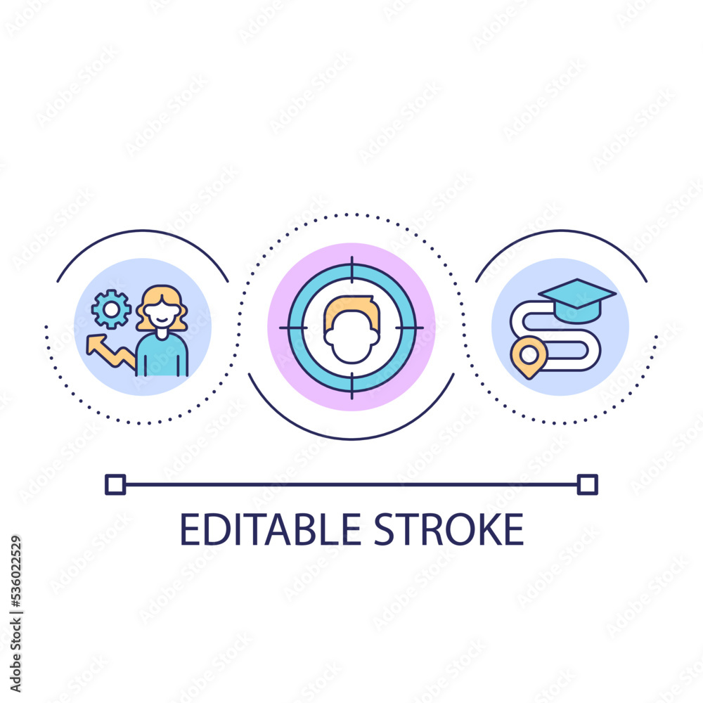 Student-centered learning loop concept icon. Learner oriented education abstract idea thin line illustration. Educational pathway. Isolated outline drawing. Editable stroke. Arial font used Student-centered learning loop concept icon. Learner oriented education abstract idea thin line illustration. Educational pathway. Isolated outline drawing. Editable stroke. Arial font used