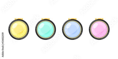Makeup cosmetics set. Cartoon illustration of four circle containers with pastel eyeshadows isolated on a white background. Vector 10 EPS.