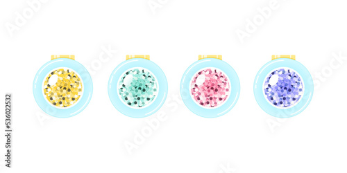 Makeup cosmetics set. Cartoon illustration of four circle containers with sparkling eyeshadows isolated on a white background. Vector 10 EPS.