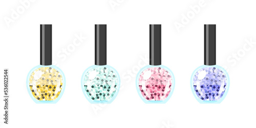 Sparkling nail polish set. Cartoon illustration of four bottles with glittering varnish isolated on a white background. Vector 10 EPS.