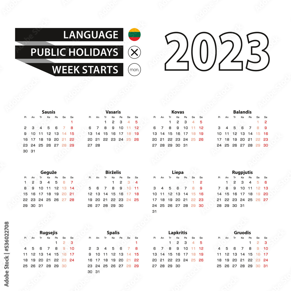 Calendar 2023 in Lithuanian language, week starts on Monday.