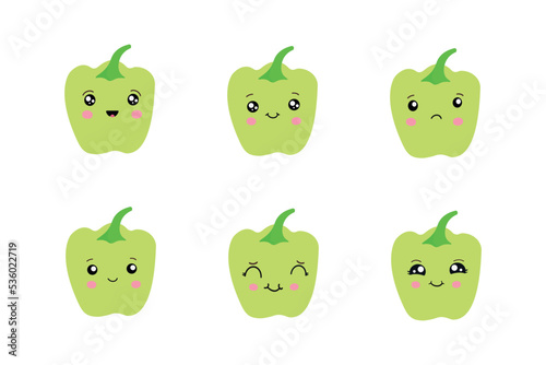 Green pepper with kawaii eyes. Vector illustration of a flat design of  pepper on a white background