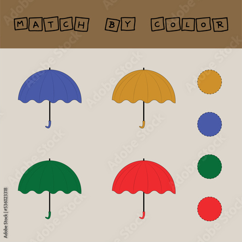 Match the umbrella and their colors. Appropriate game. Educational game for preschool children and toddlers