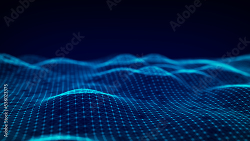 Futuristic digital wave. Dark cyberspace. Abstract wave with dots. White moving particles on background. 3d rendering.