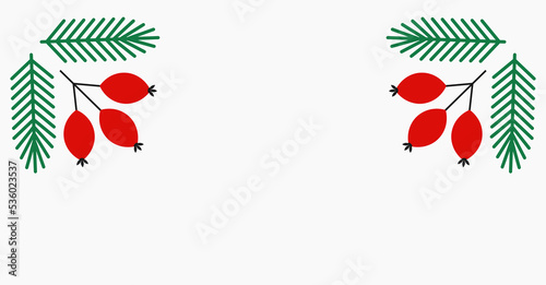 Rose hip fruits and fir branches Christmas frame background.