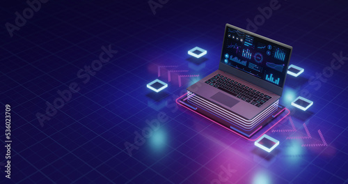 Software development concept. Programming, coding and software testing on laptop. Laptop on the table with business diagram on the screen. Digital Computer technology background concept. 3d render