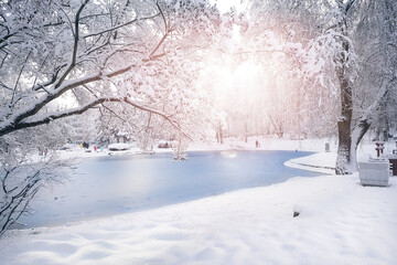 Beautiful natural landscape of a snowy city park with snow-covered trees and frozen pond on bright winter day.