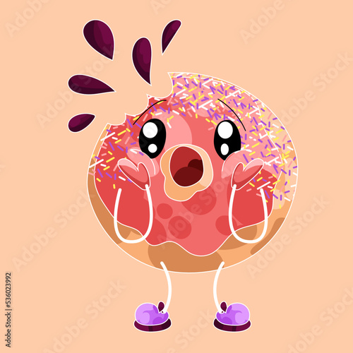 A sticker with the image of a donut. The concept of personification of food or kawaii food. The image of a cute donut from which only half remains