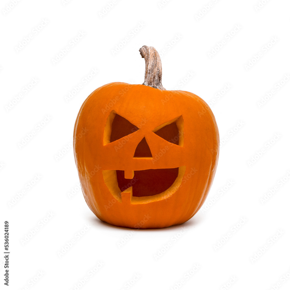 Halloween card template - Spooky scary carved orange pumpkin, isolated on white background square Halloween card template - Spooky scary carved orange pumpkin, isolated on white background square