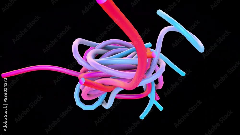 3D abstract animation on a black background. Animation of colored ropes ...