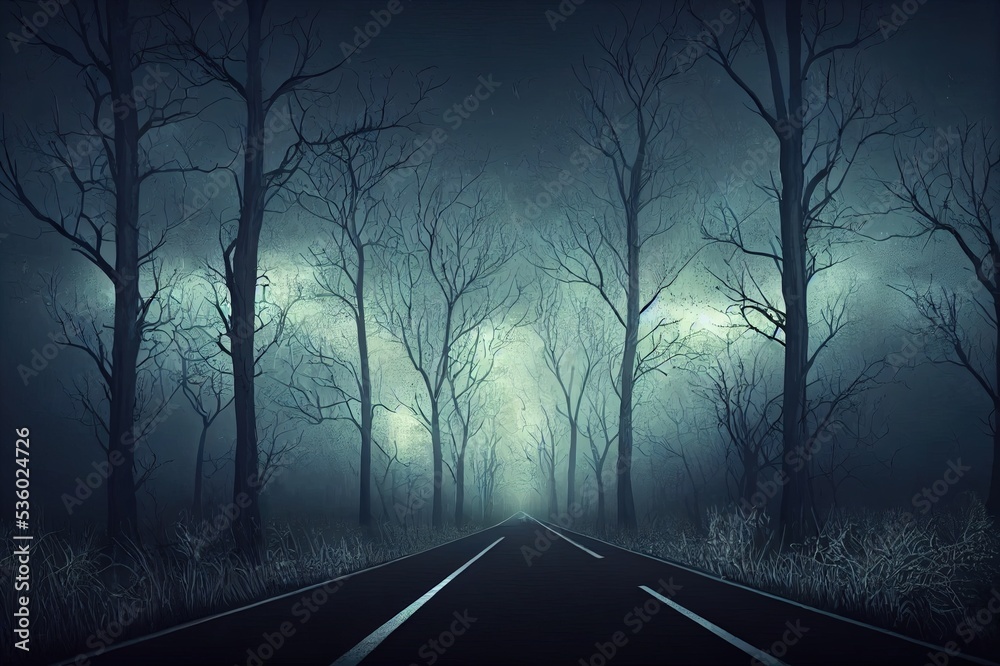Raster illustration of spooky empty road in dark scary forest. A scene