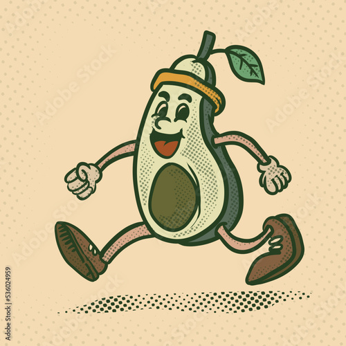 running avocado funky mascot cartoon character. isolated avocado icon vintage style illustration