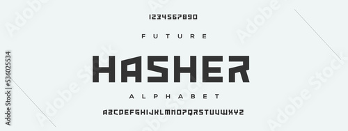 HASHER Sports minimal tech font letter set. Luxury vector typeface for company. Modern gaming fonts logo design.