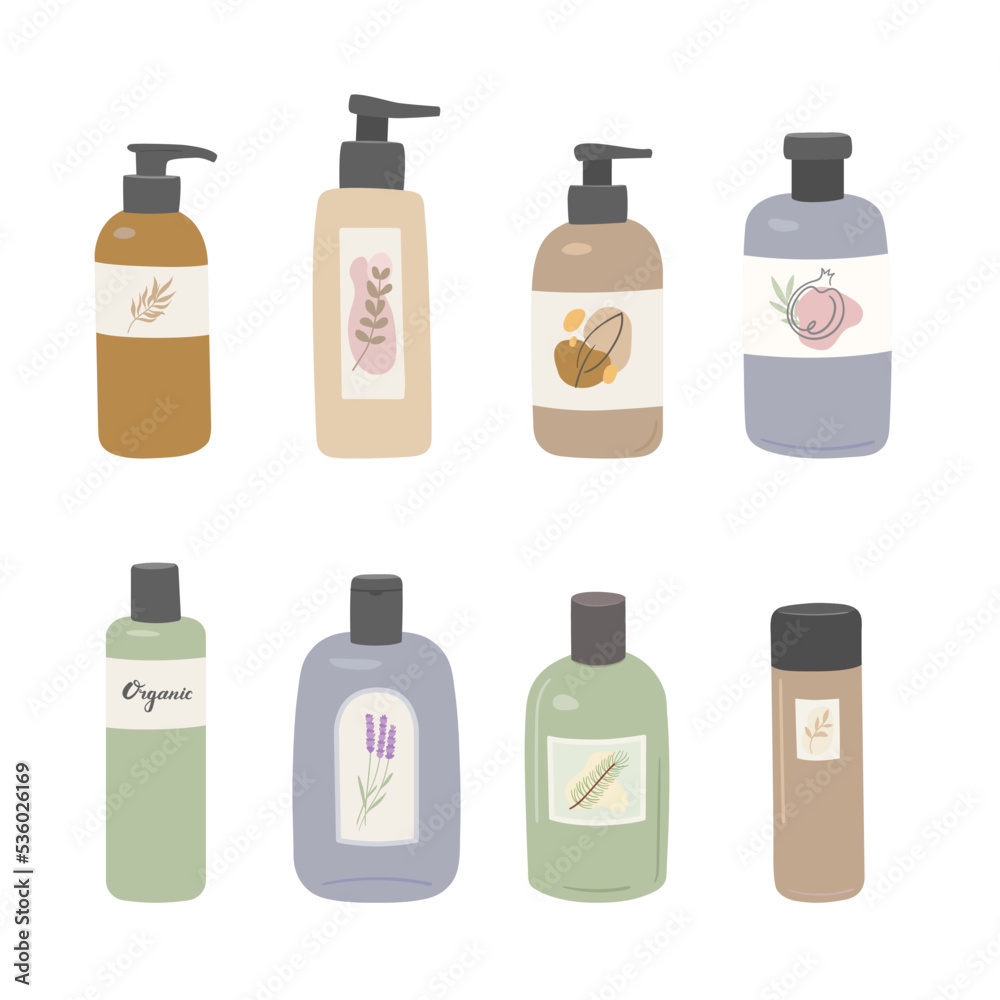 Set of different beauty natural cosmetics in bottles for skin, body and hair care isolated on white background. Cream, shampoo, shower gel, lotion flat vector illustration. Set of different beauty natural cosmetics in bottles for skin, body and hair care isolated on white background. Cream, shampoo, shower gel, lotion flat vector illustration.