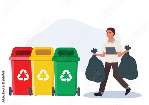 Recycling concept. A man take trash bags, garbage bag. take out trash. clean up. vector illustration.