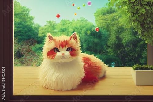 Fluffy red cat lies on balcony enjoying nature warm spring days Floating cute magic frame in colorful garden green leaves of bushes flying bubbles 3d render in minimal art style on beige backdrop photo