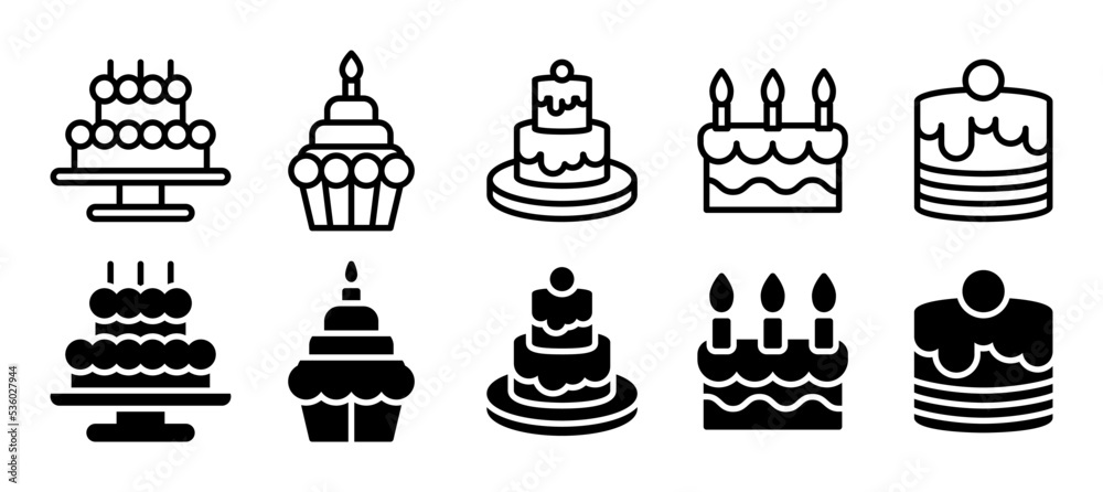 Birthday icon collection. Birthday food Cake set. Vector illustration in line and solid style Birthday icon collection. Birthday food Cake set. Vector illustration in line and solid style