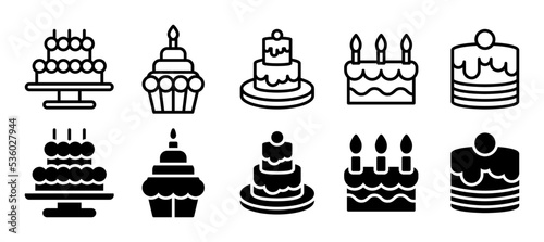Birthday icon collection. Birthday food Cake set. Vector illustration in line and solid style