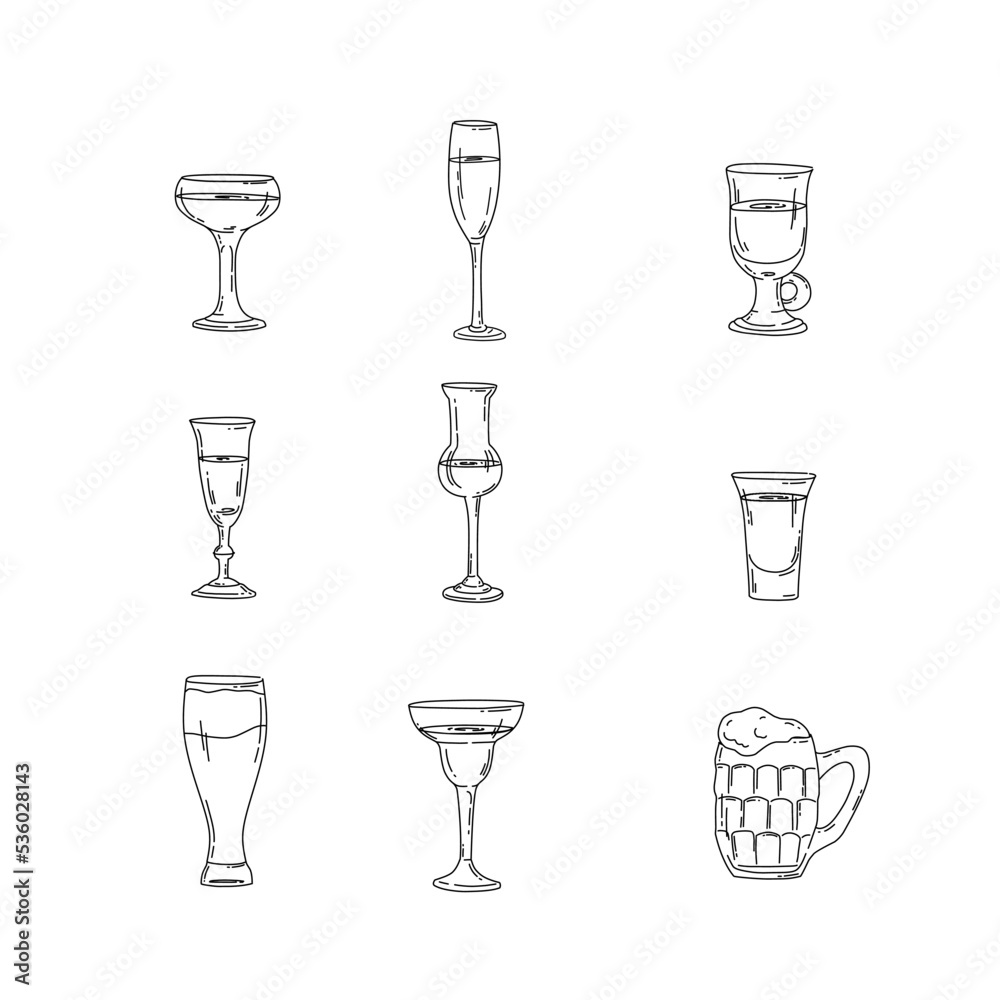 Glasses with names, line icons set. Vector Glasses with names, line icons set. Vector
