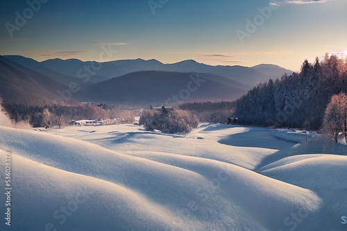View of the winter the village Iogach against the background of forested mountains. Altai Republic, Russia