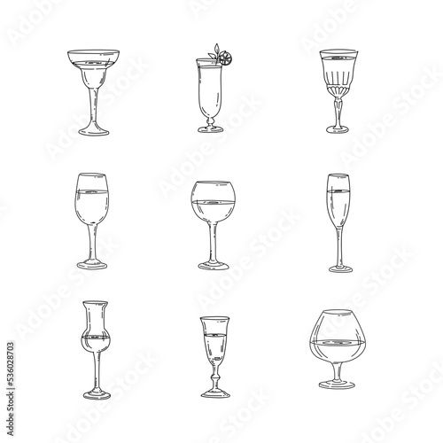 Glasses with names, line icons set. Vector