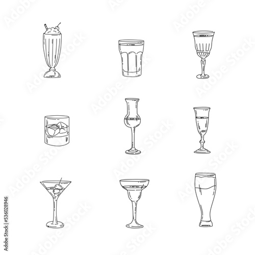 Glasses with names, line icons set. Vector