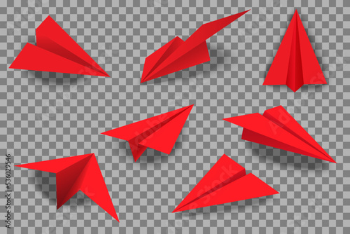 Realistic red paper plane and origami red airplane icon set. 3D model of planes isolated on transparent background.vector in eps 10