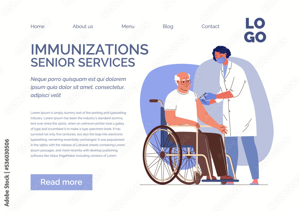Doctor in clinic gives vaccine against the virus and epidemiological diseases to elderly man in wheelchair. Concept of healthy immunity. Website, template, landing page. Vector illustration.  - obrazy, fototapety, plakaty 
