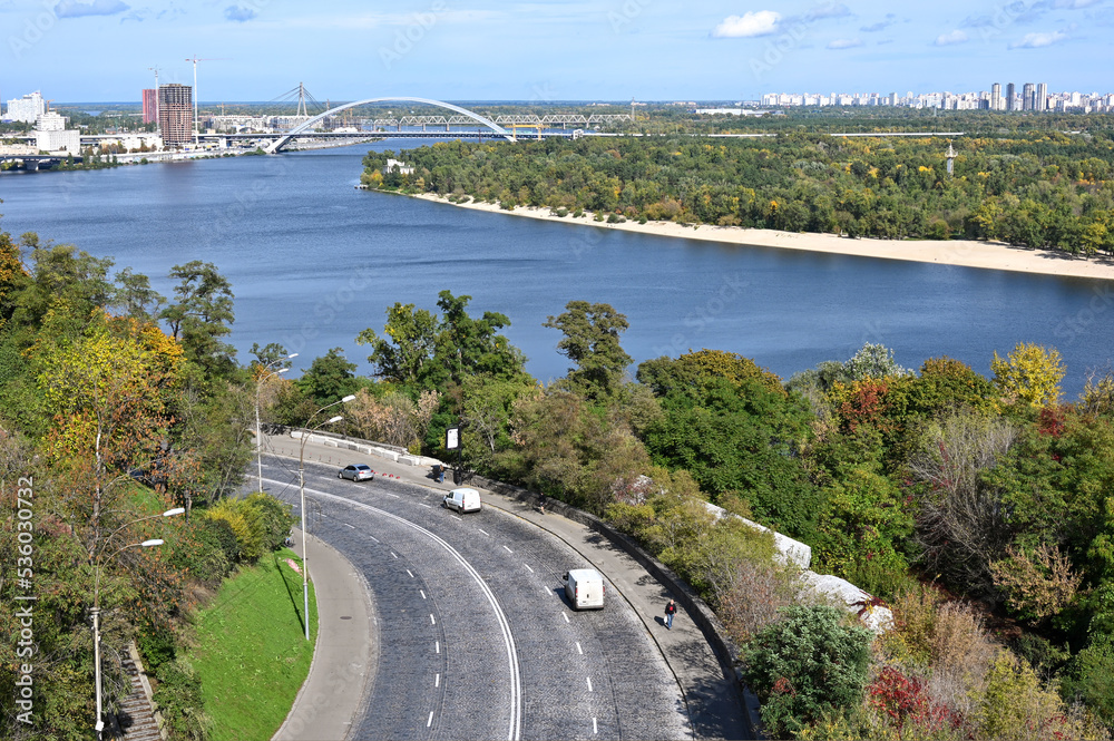 Top view of the highway and the bridge across the Dnieper river in the city of Kyiv Top view of the highway and the bridge across the Dnieper river in the city of Kyiv