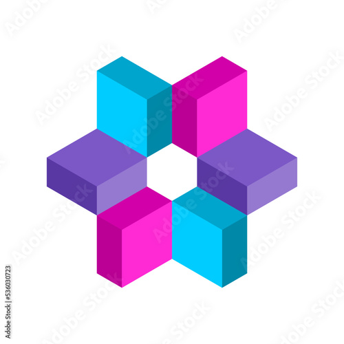 Abstract colorful star object made of block shapes. 3d geometric shapes around hexagon. Unique isometric design element consisting of pink  blue  purple rectangles. Vector illustration  clip art. 