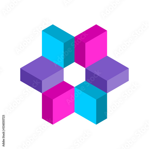 Abstract colorful star object made of block shapes. 3d geometric shapes around hexagon. Unique isometric design element consisting of pink, blue, purple rectangles. Vector illustration, clip art. 