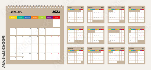 Calendar 2023 colorful design, set of 12 vector wall planner calendar pages on beige background. Week starts on Monday.