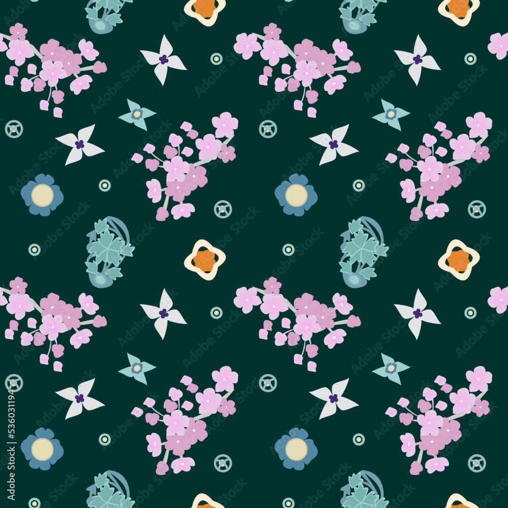 Blooming sakura seamless pattern. Japanese cherry blossom in Asian kawaii style for kimono, Korean hanbok, cheongsam dress, fabric, textile.
