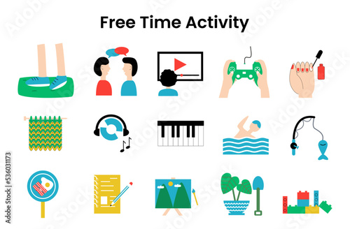 Set of free time activities illustration. Collection of icon set such as walking on the grass, chit chat, watching movie, playing video games, listening music, fishing, crochet and others
