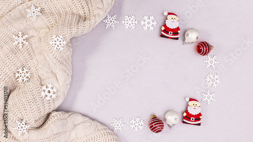 Winter and Christmas holidays background with ornaments. FLat lay copy space