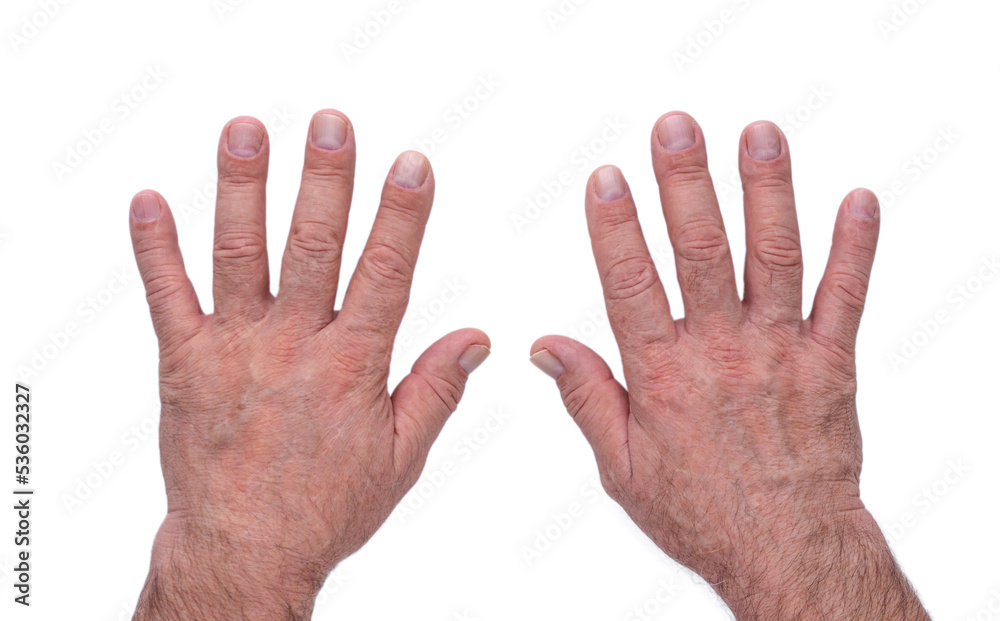 Top view of isolated aged man hands on white background Top view of isolated aged man hands on white background