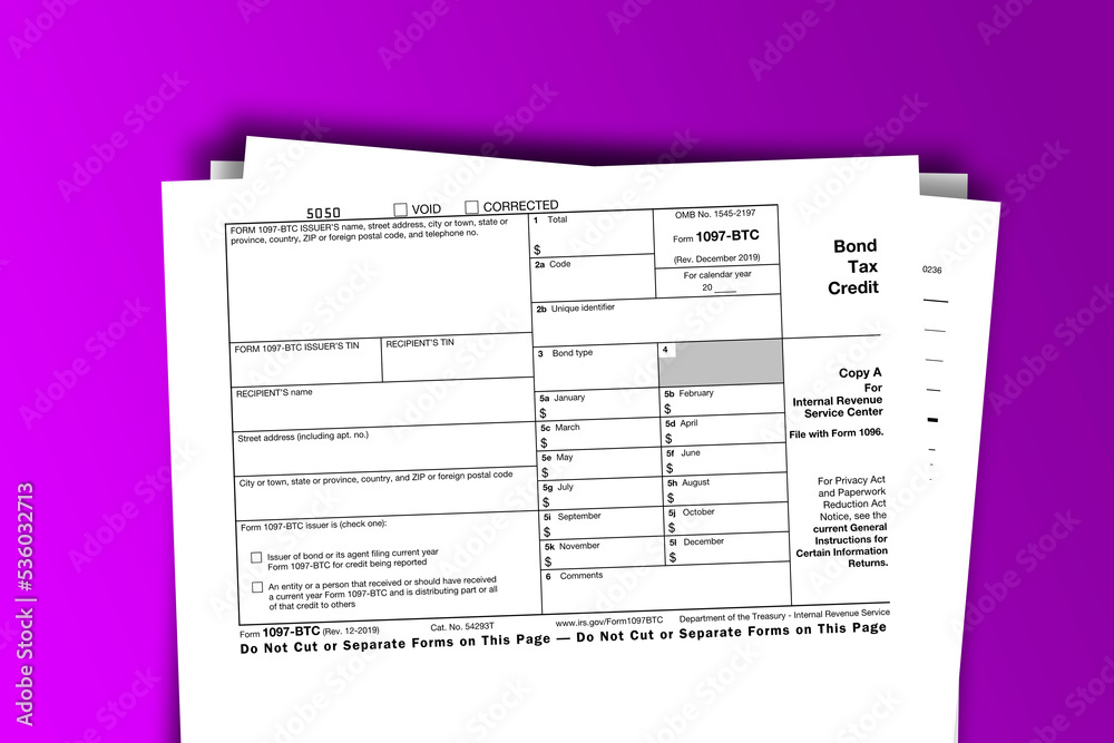 Fototapeta premium Form 1097-BTC documentation published IRS USA 11.19.2019. American tax document on colored