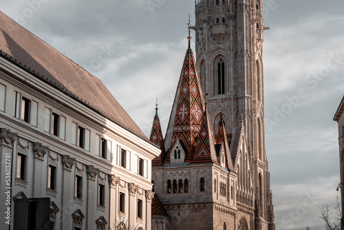 Matthias church in Fisherman bastion at sunset, Budapest, Hungary photo