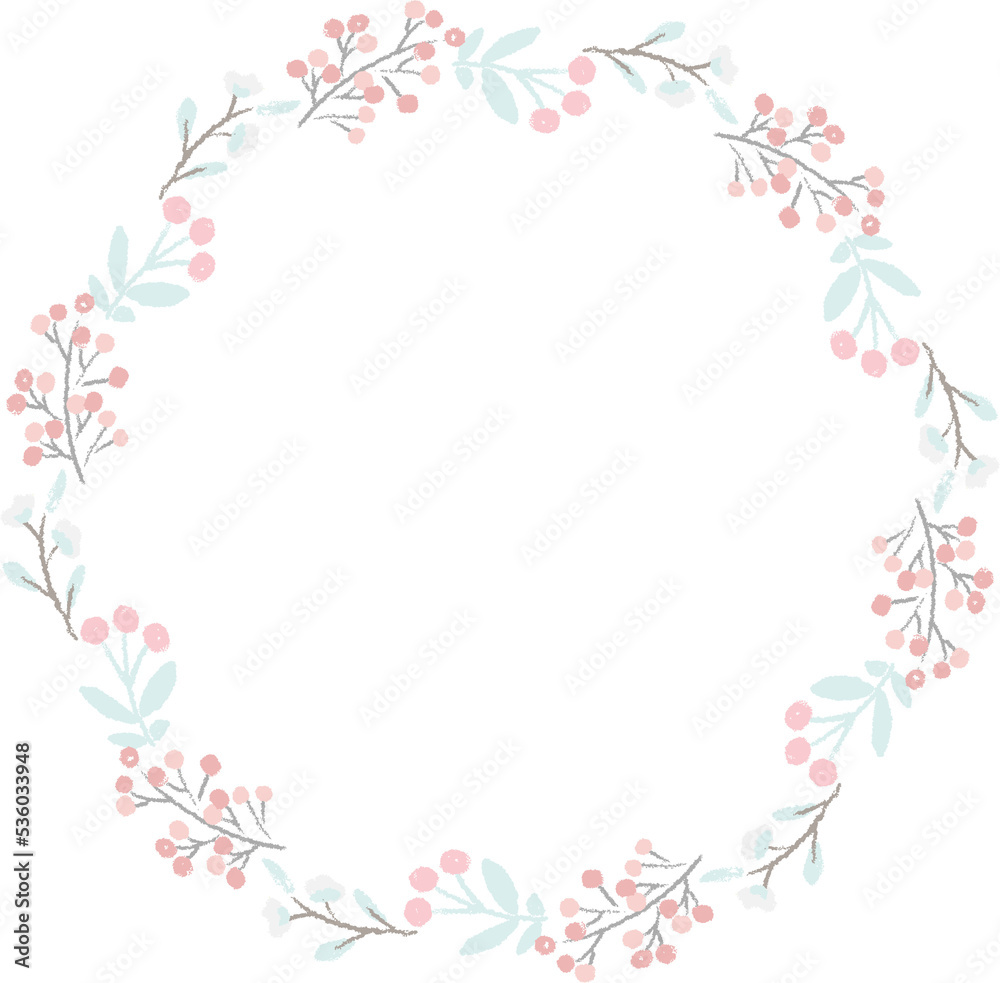 cute hand draw style pastel pink and blue spring tiny little flower and leaf wreath