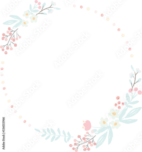 cute hand draw style pastel pink and blue spring tiny little flower and leaf wreath