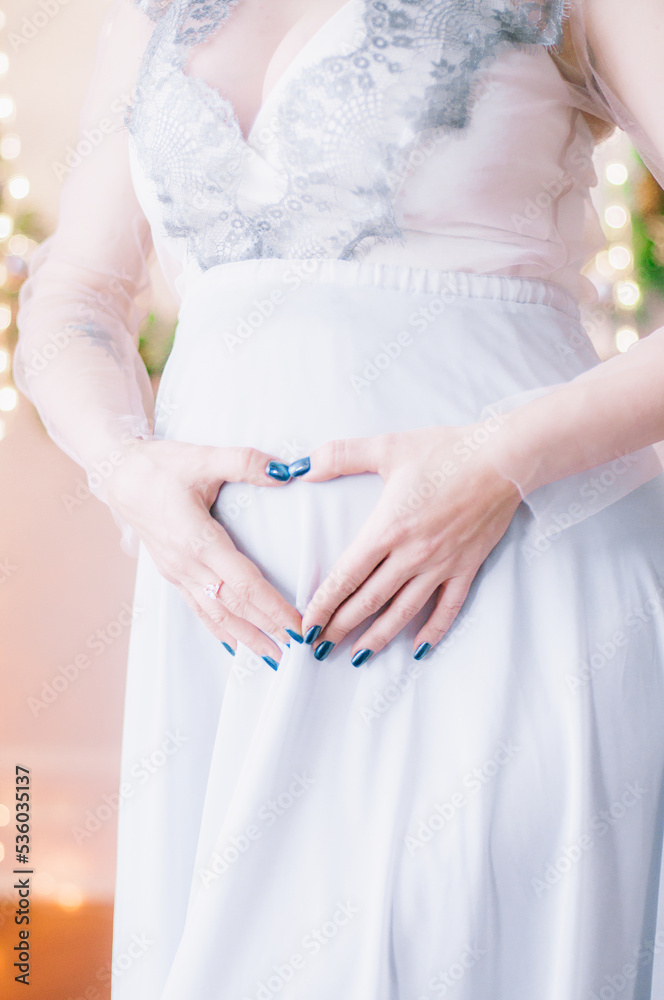 Young pregnant woman with dark hair in airy dress in a room decorated with pine needles and sparkling garlands for Christmas. Christmas mood . Pregnancy Young pregnant woman with dark hair in airy dress in a room decorated with pine needles and sparkling garlands for Christmas. Christmas mood . Pregnancy