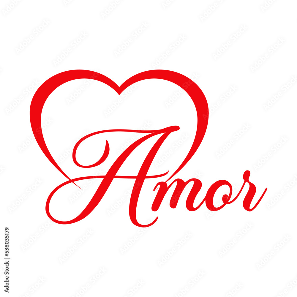 Logo con texto manuscrito Amor en español con silueta de corazón lineal con filigrana caligráfica. Líneas con florituras