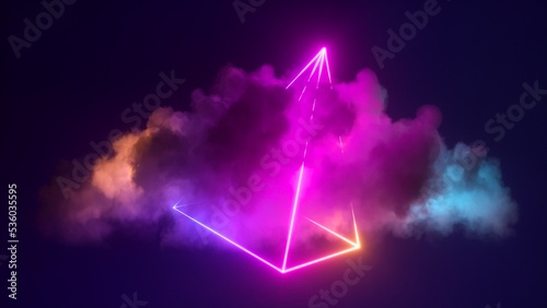 3d rendering, abstract pink blue neon background with glowing cloud and cube box geometric shape