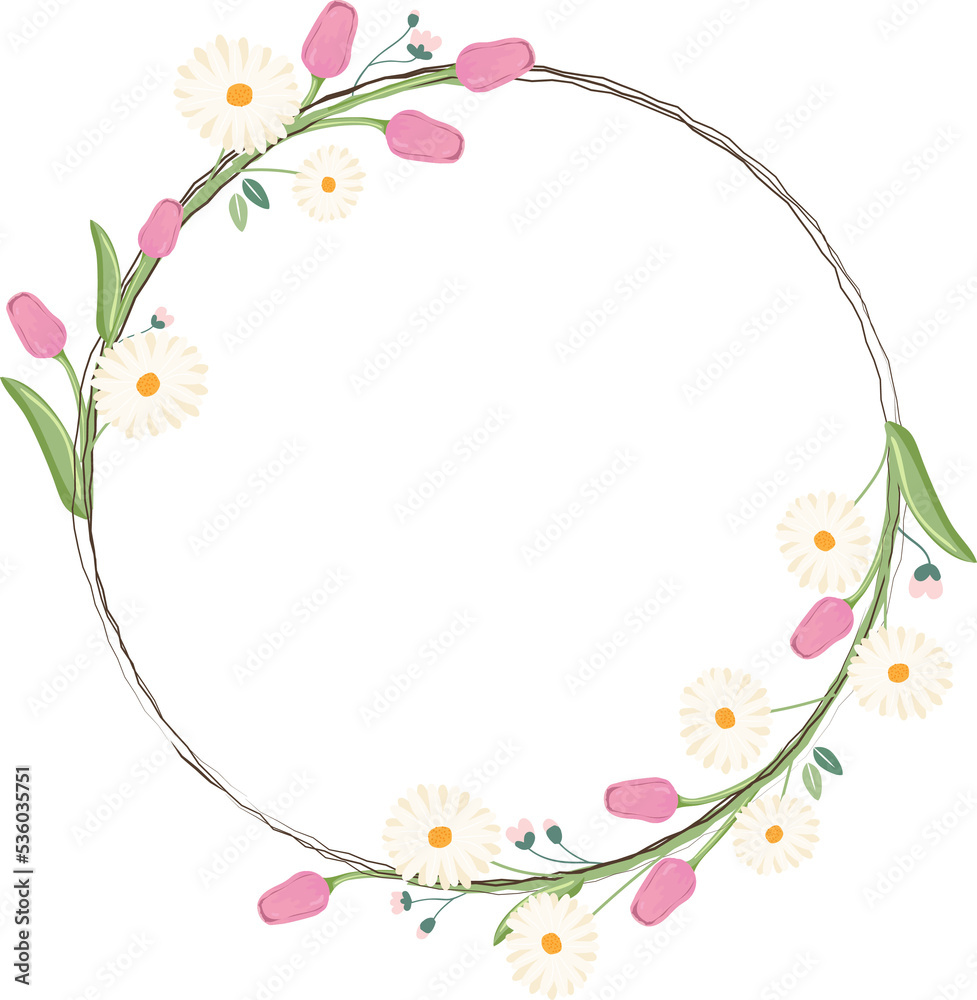 Obraz premium tulip and daisy spring flower bouquet wreath frame