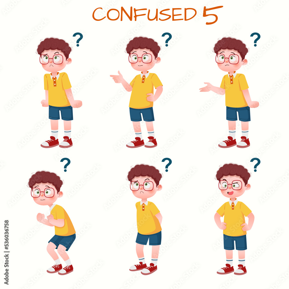 Set of kid boys showing confused expression.Vector illustration. Set of kid boys showing confused expression.Vector illustration.