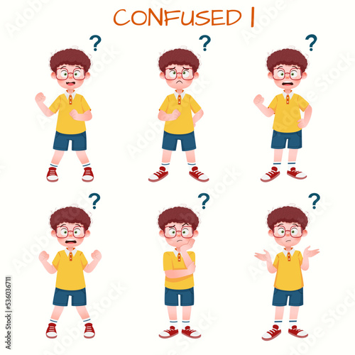 Set of kid boys showing confused expression.Vector illustration.
