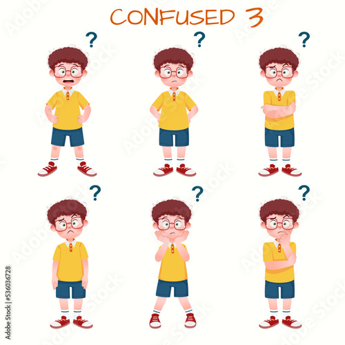 Set of kid boys showing confused expression.Vector illustration.