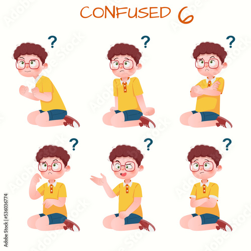 Set of kid boys showing confused expression.Vector illustration.