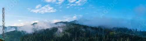 Obraz na płótnie Germany, XXL panorama schwarzwald forest nature landscape baden near freiburg im breisgau in misty foggy atmosphere after sunrise aerial view w salonie